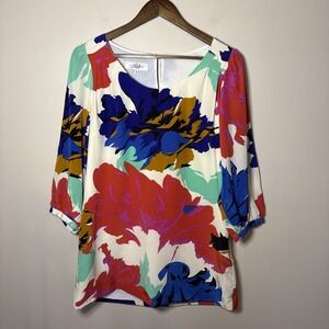 Tibi 100% Silk Printed Blouse Tunic 3/4 Sleeve Size 8 Colorful Resort Vacation